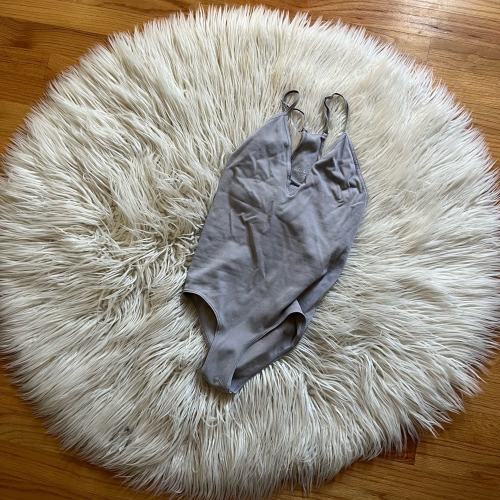 Free People Gray Taupe Strappy V-Neck Bodysuit
